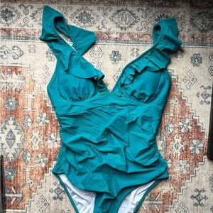 Cupshe Teal One Piece Swimsuit Ruffles XL NEW